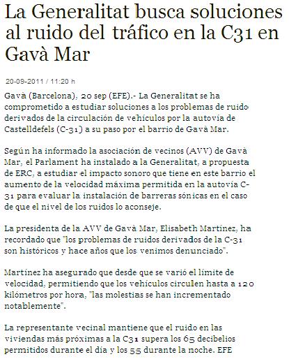 Not�cia publicada a l'ag�ncia de not�cies EFE sobre l'aprovaci� al Parlament de Catalunya d'una resoluci� un�nime pel soroll provocat per l'autovia de Castelldefels (20 de Setembre de 2011)